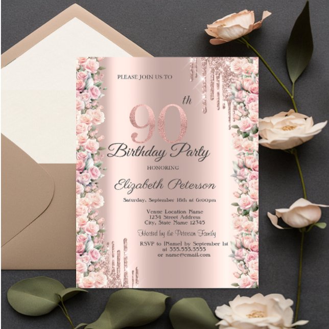 Invitación Rosas enmarcan gotas Rosa Dorado Cumpleaños 90 (Subido por el creador)