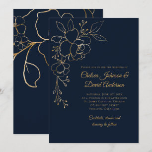 Invitación Rosas esbozados de oro en Boda azul oscuro