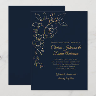 Invitación Rosas esbozados de oro en Boda azul oscuro