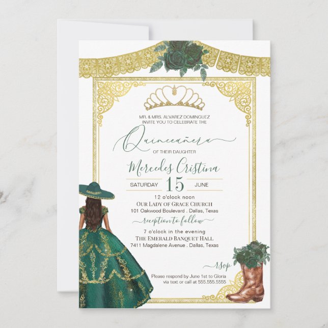 Invitación Rosas Esmeraldas Elegante Charro Occidental Quince (Anverso)