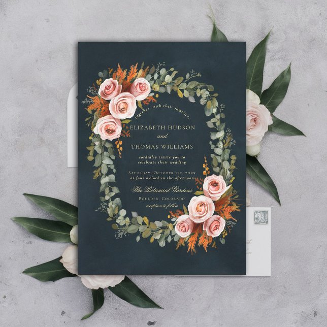 Invitación Rosas Eucalyptus Boda con marco de guata de cobre (fall wedding invitation botanical wreath roses eucalyptus elegant formal modern classic copper green)