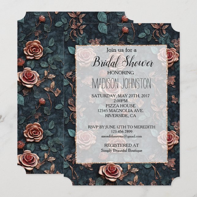 Invitación Rosas Femeninas de Oro Rosa (Anverso / Reverso)
