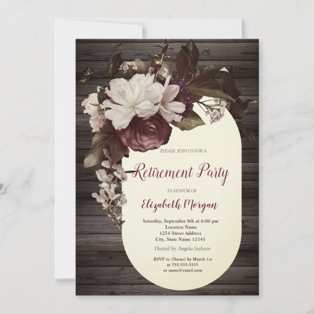 Invitación Rosas Flor de Burdeos Madera Jubilación   (Anverso)