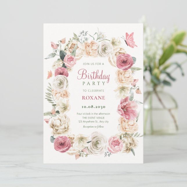 Invitación Rosas flor pastel acuarela cumpleaños (Anverso de pie)