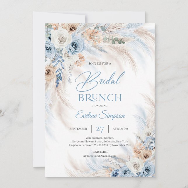 Invitación Rosas Floral Azul y Marfil Pampas Brunch Bridal (Anverso)