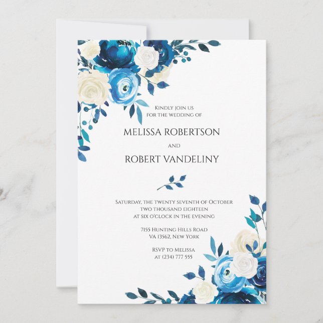 Invitación Rosas Floral Blue invitan a matrimonio naval (Anverso)