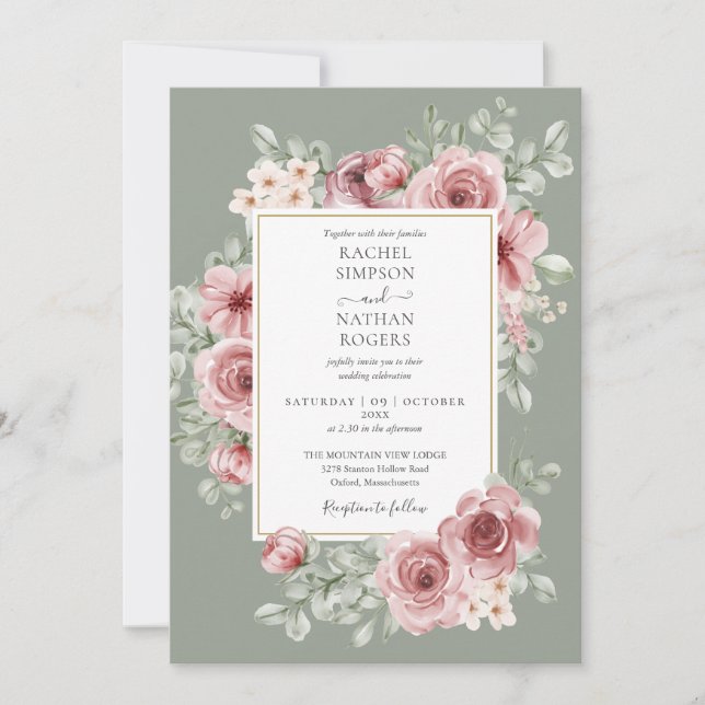 Invitación Rosas Floral Código QR Boda verde sabio (Anverso)