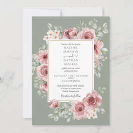 Invitación Rosas Floral Código QR Boda verde sabio