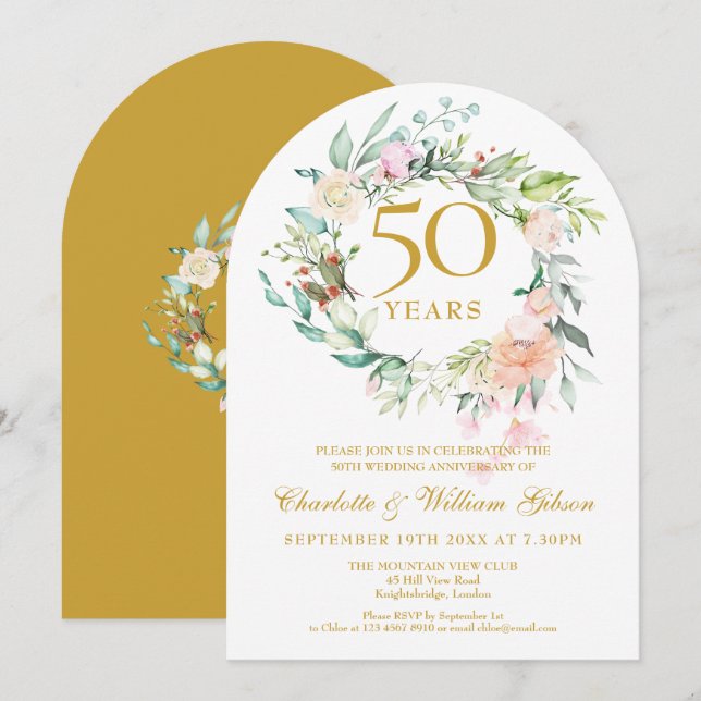 Invitación Rosas Floral Garland 50° aniversario Boda (Anverso / Reverso)