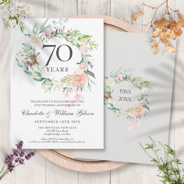 Invitación Rosas Floral Garland 70º aniversario Boda (Roses Floral Garland 70th Wedding Anniversary Invitation)