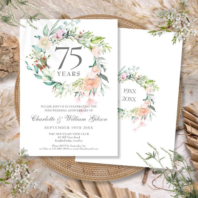 Invitación Rosas Floral Garland 75º aniversario Boda (Roses Floral Garland 75th Wedding Anniversary Invitation)