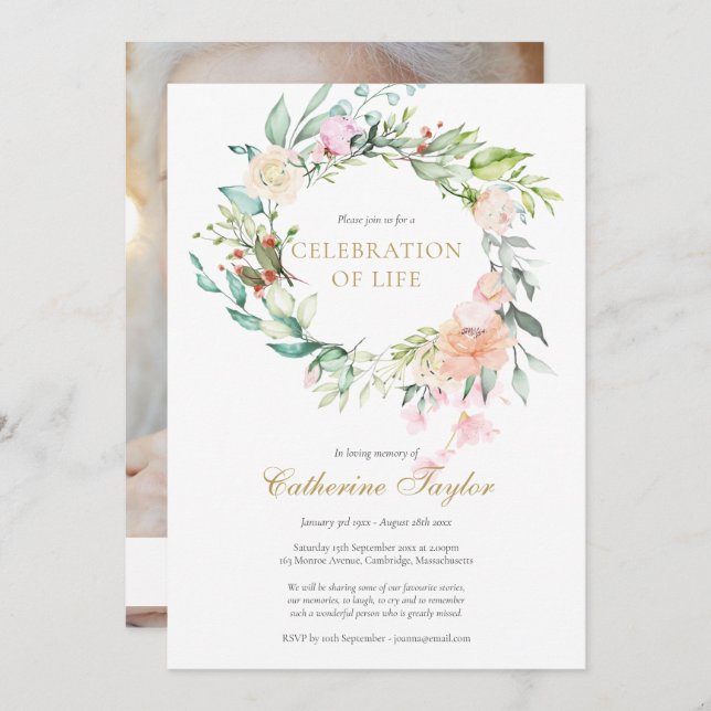 Invitación Rosas Floral Photo Celebration of Life Funeral (Anverso / Reverso)