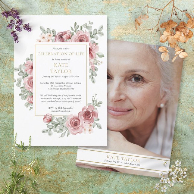 Invitación Rosas Floral Photo Funeral Celebración de la Vida (Subido por el creador)