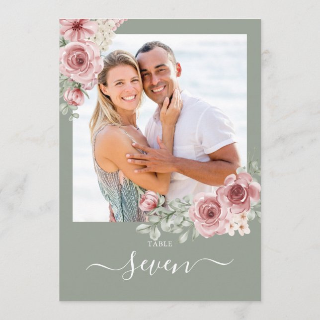 Invitación Rosas Floral Sage Green Photo Table Number (Reverso)
