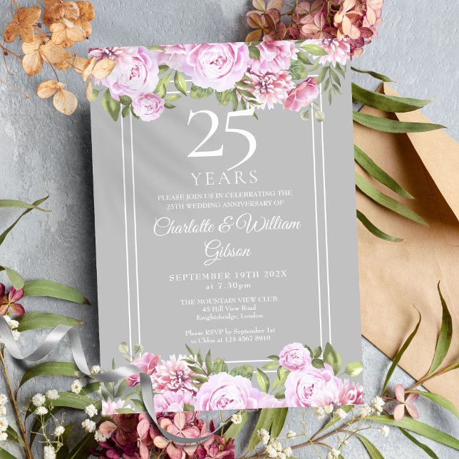 Invitación Rosas Florales 25 Aniversario de Bodas de Plata (25th Silver Wedding Anniversary Roses Floral Invitation)