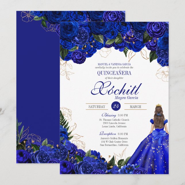 Invitación Rosas florales azules de la realeza elegantes de Q (Anverso / Reverso)