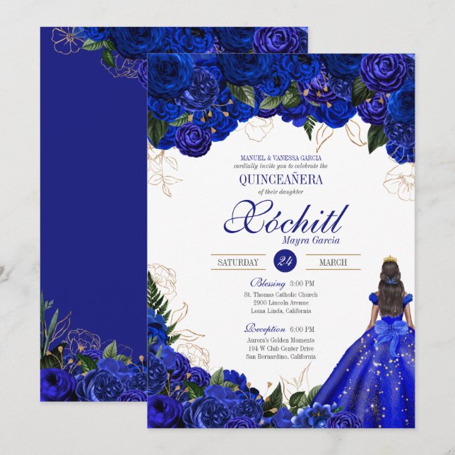 Invitación Rosas Florales Azules Reales Fiesta elegante de Qu (Anverso / Reverso)