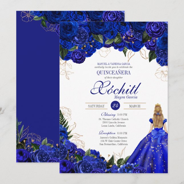 Invitación Rosas Florales Azules Reales Fiesta elegante de Qu (Anverso / Reverso)