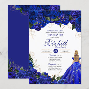 Invitación Rosas Florales Azules Reales Fiesta elegante de Qu