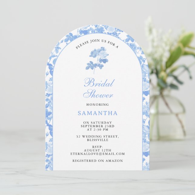Invitación Rosas florales blancas azules Chinoiserie Ducha nu (Anverso de pie)