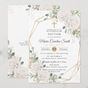 Invitación Rosas florales blancas Cruz de oro Bautizo 