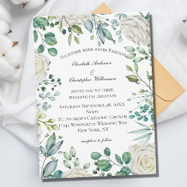 Invitación Rosas Florales Blancas Eucalipto Botánico Boda 