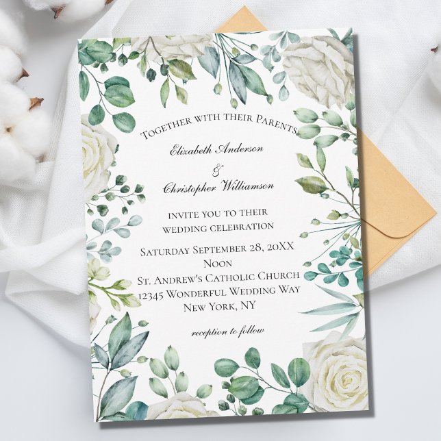 Invitación Rosas Florales Blancas Eucalipto Botánico Boda  (Subido por el creador)
