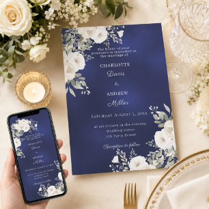 Invitación Rosas florales blancas marfil boda azul