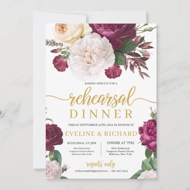 Invitación Rosas florales blancos marrones ensayo de oro cena (Anverso)