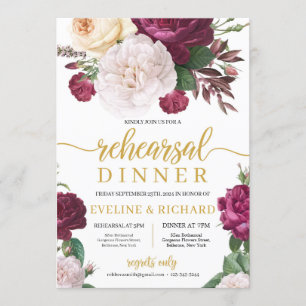 Invitación Rosas florales blancos marrones ensayo de oro cena