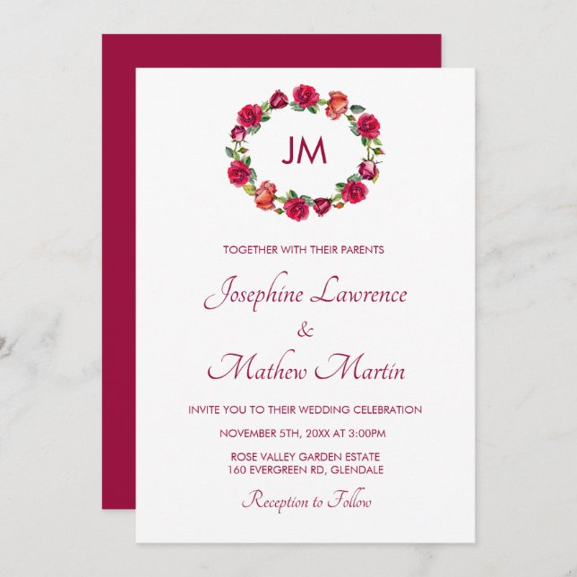 Invitación Rosas florales caídos Boda de monograma (Anverso / Reverso)