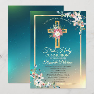 Invitación Rosas Florales Cruz de Oro Primera Comunión