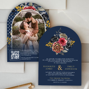 Invitación Rosas Florales de Borgoña Código QR Foto Boda Azul