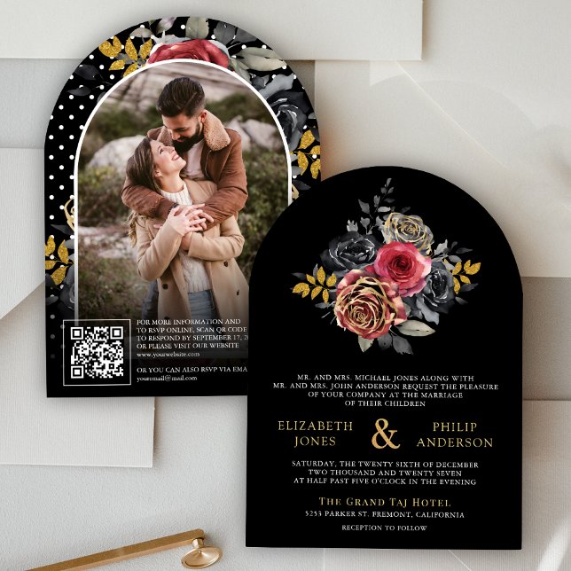 Invitación Rosas florales de Borgoña Código QR Foto Boda negr (Subido por el creador)