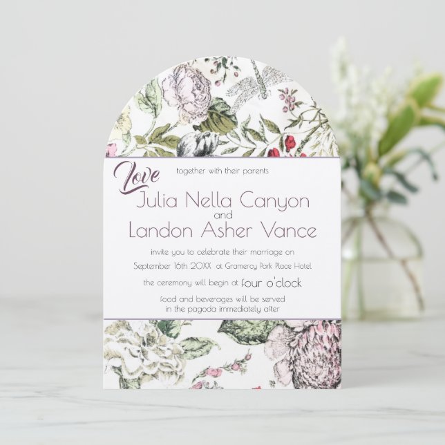 Invitación Rosas florales de época Dragonfly Red Purple Boda (Anverso de pie)