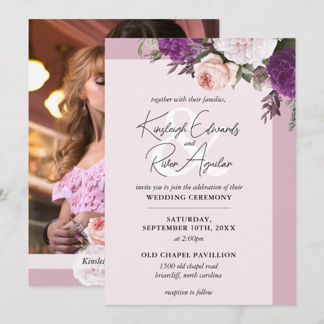 Invitación Rosas florales de época y Boda fotográfico Dusty M (Anverso / Reverso)