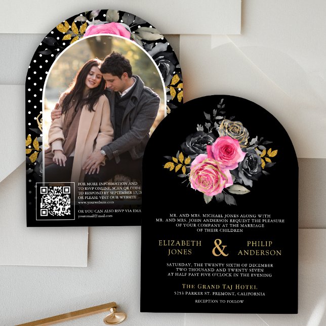 Invitación Rosas florales de Fuchsia Código QR Foto Boda negr (Subido por el creador)