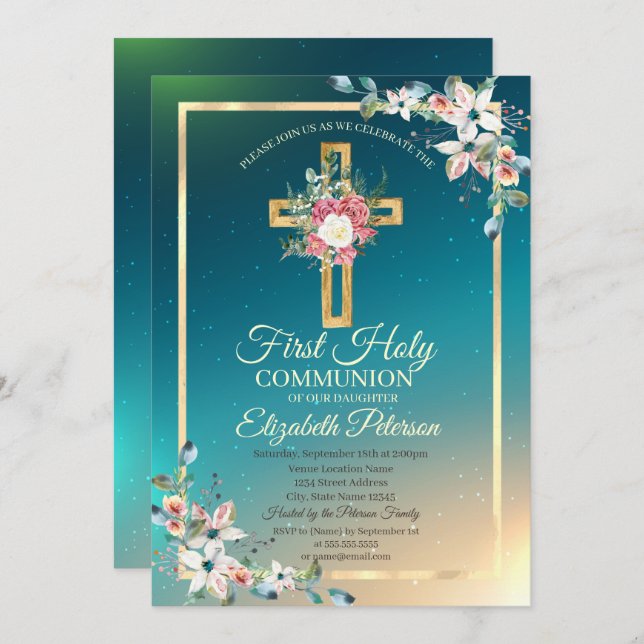 Invitación Rosas florales de la Cruz del Oro Primera Comunión (Anverso / Reverso)