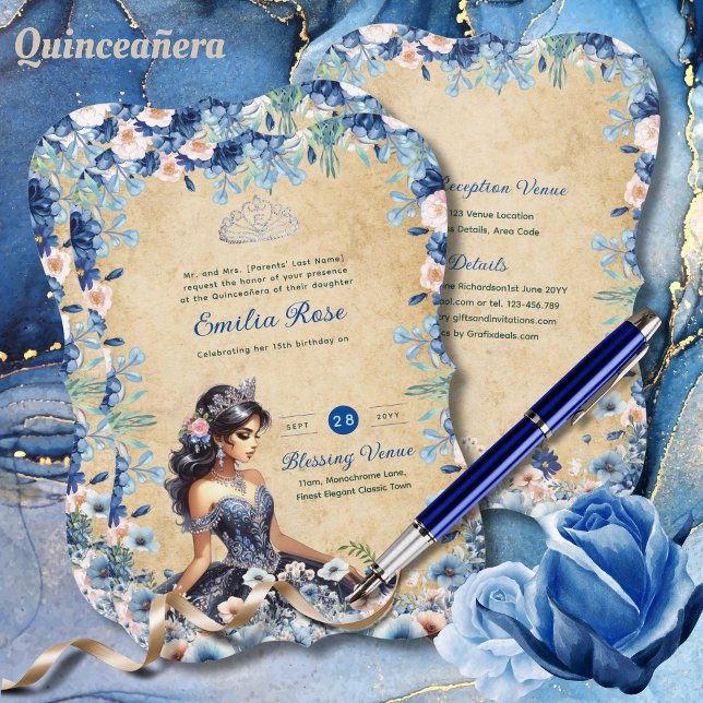 Invitación Rosas florales de la Marina Blue Quinceanera (Subido por el creador)