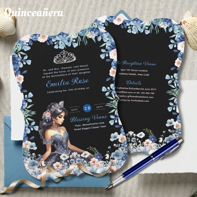 Invitación Rosas florales de la Marina Blue Quinceanera (Subido por el creador)