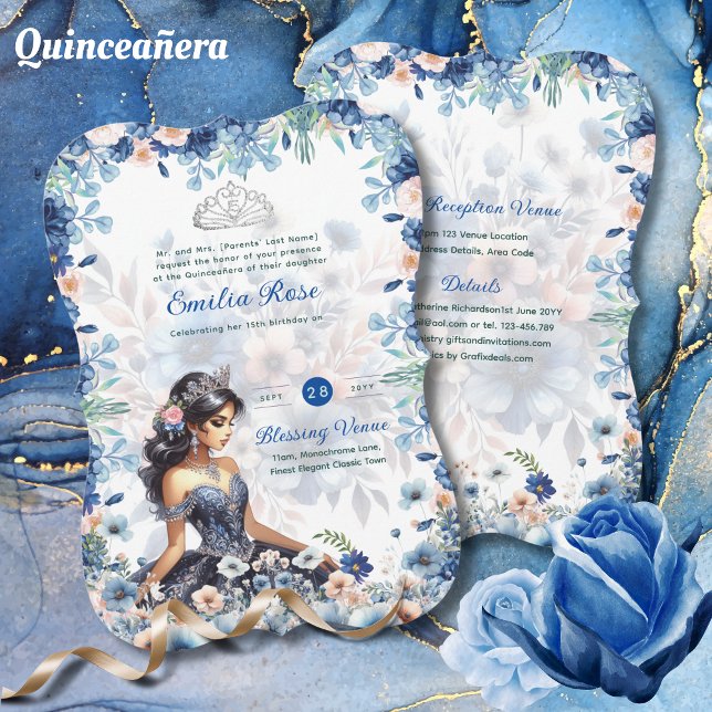 Invitación Rosas florales de la Marina Blue Quinceanera (Subido por el creador)