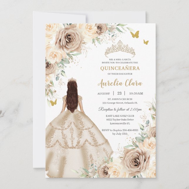Invitación Rosas florales de la Princesa Quinceañera (Anverso)