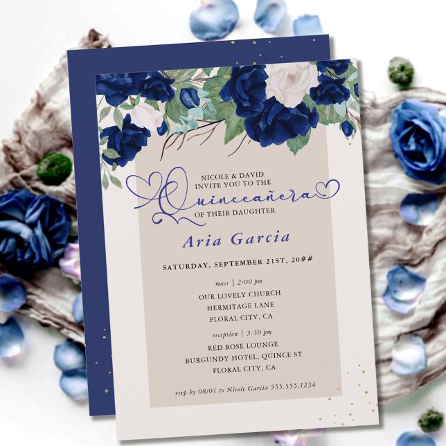 Invitación Rosas florales de marfil azul real Quinceanera y m (Subido por el creador)