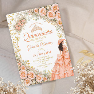 Invitación Rosas Florales de Melocotón Mariposa Dorada Quince