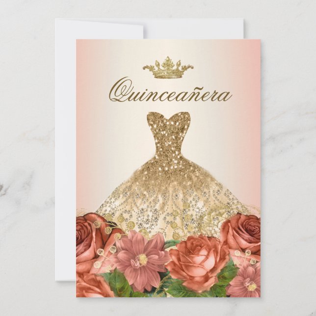 Invitación Rosas Florales de Oro Melocotón Quinceañera (Reverso)