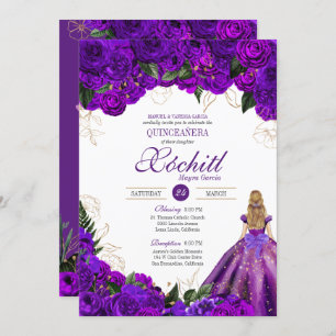 Invitación Rosas Florales de Oro Morado Elegante Quinceanera