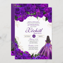 Invitación Rosas Florales de Oro Morado Elegante Quinceanera
