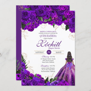 Invitación Rosas Florales de Oro Morado Elegante Quinceanera