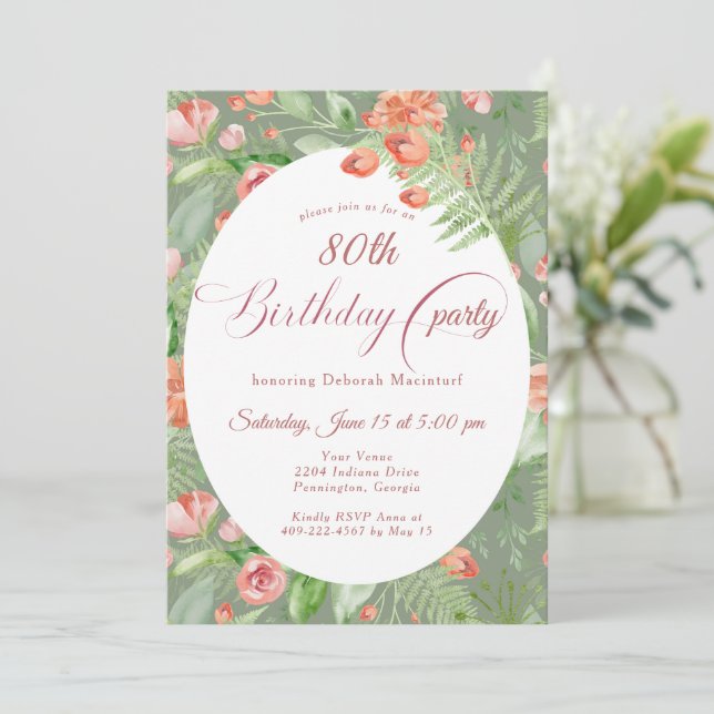 Invitación Rosas Florales de Papel Pintado Antiguo 80th (Anverso de pie)