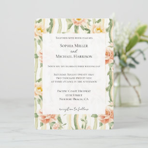 Invitación Rosas Florales de Rayas de Menta Melocotón Boda